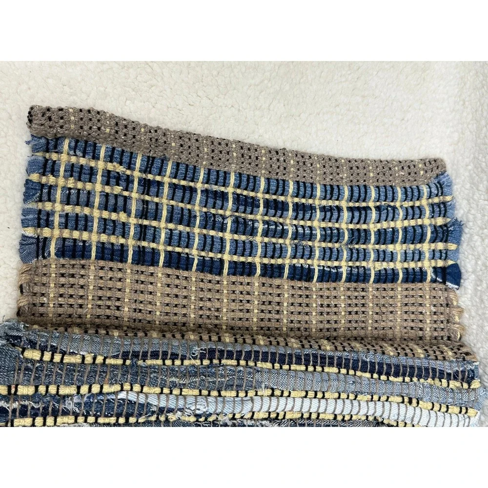 Woven Placemat Brown Blue Denim Border Textured Handcrafted Style Set of 4 Boho